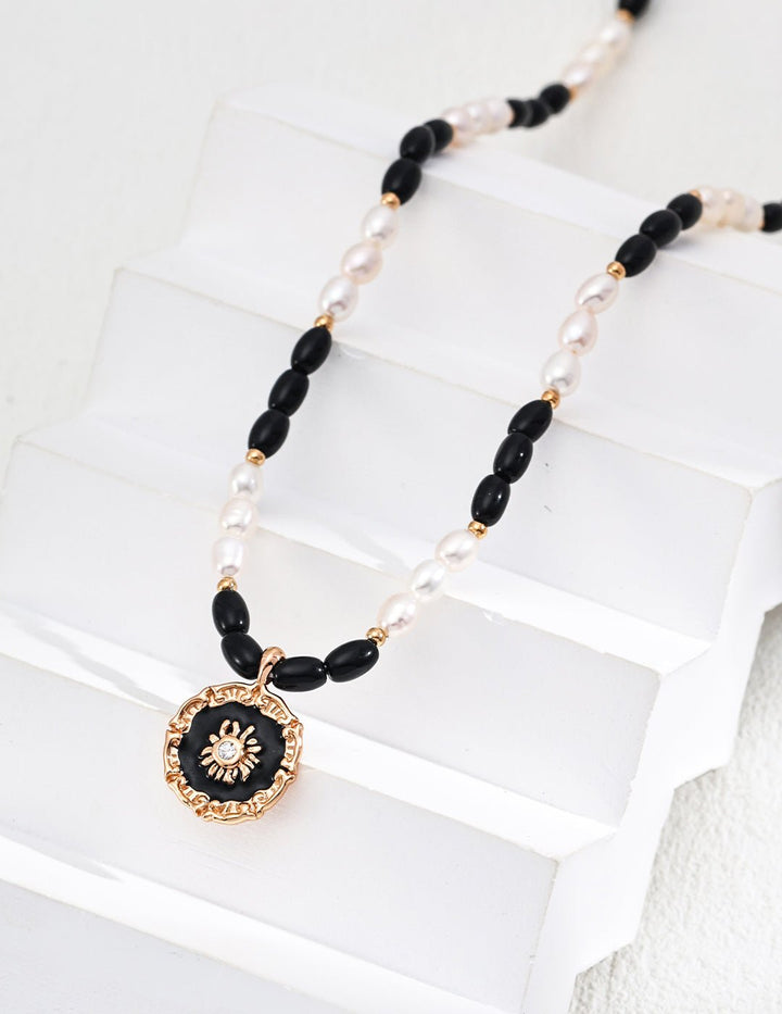 Celestial Balance: S925 Silver Pearl, Black Onyx & Enamel Necklace – Wisdom & Protectionality - GEM Spirit - D0582 - 2 - Black Onyx - CRYSTALS - Enamel