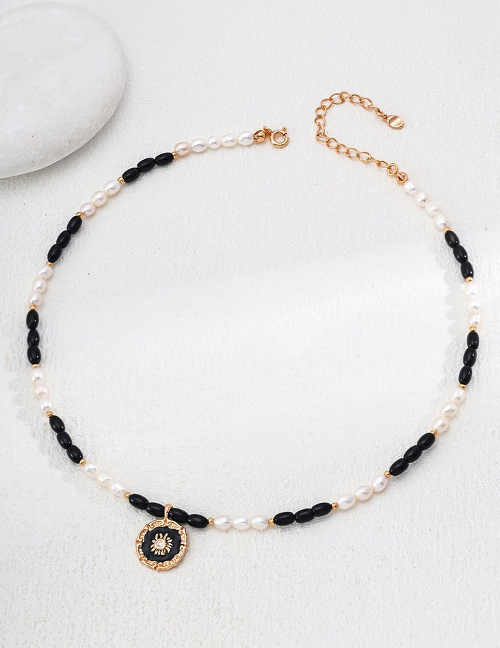 Celestial Balance: S925 Silver Pearl, Black Onyx & Enamel Necklace – Wisdom & Protectionality - GEM Spirit - D0582 - 2 - Black Onyx - CRYSTALS - Enamel