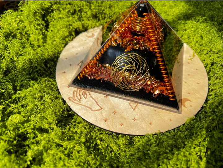 Dark Warrior Protective Crystal Pyramid | High - Frequency Shielding · Feng Shui Guardian - GEM Spirit - sy - 01 - black gold obsidian - Black Tourmaline - CRYSTALS