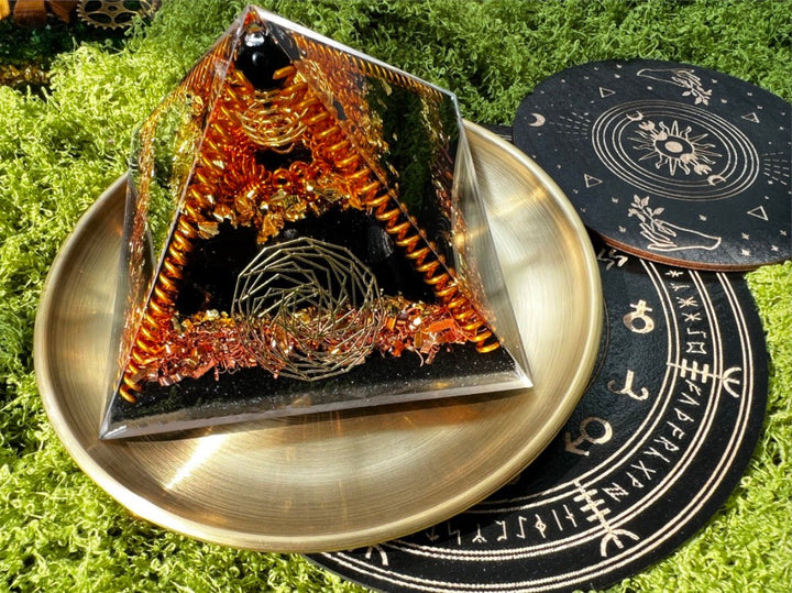 Dark Warrior Protective Crystal Pyramid | High - Frequency Shielding · Feng Shui Guardian - GEM Spirit - sy - 01 - black gold obsidian - Black Tourmaline - CRYSTALS