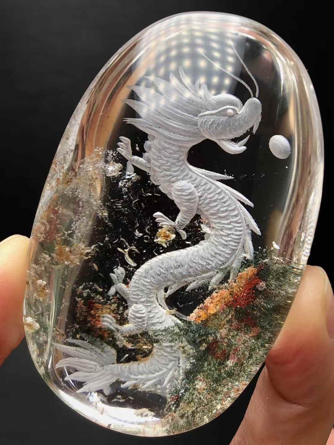 Dragon's Legacy: Phantom Quartz Crystal Pendant with Intricate Carving (Raw Stone) - GEM Spirit - CRYSTALS - Green Phantom Quartz - Pendant