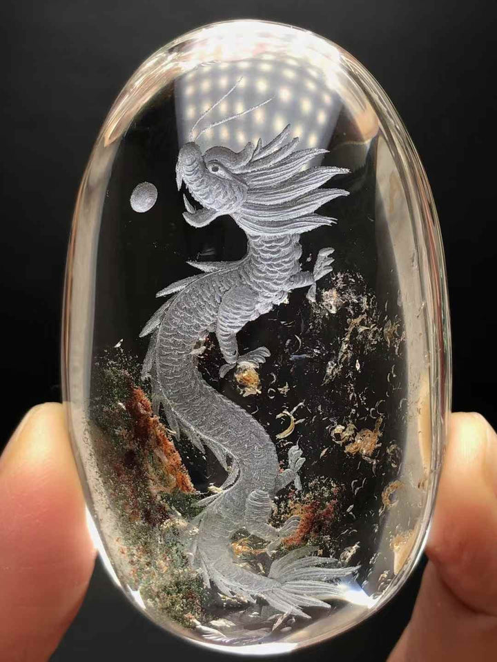 Dragon's Legacy: Phantom Quartz Crystal Pendant with Intricate Carving (Raw Stone) - GEM Spirit - CRYSTALS - Green Phantom Quartz - Pendant