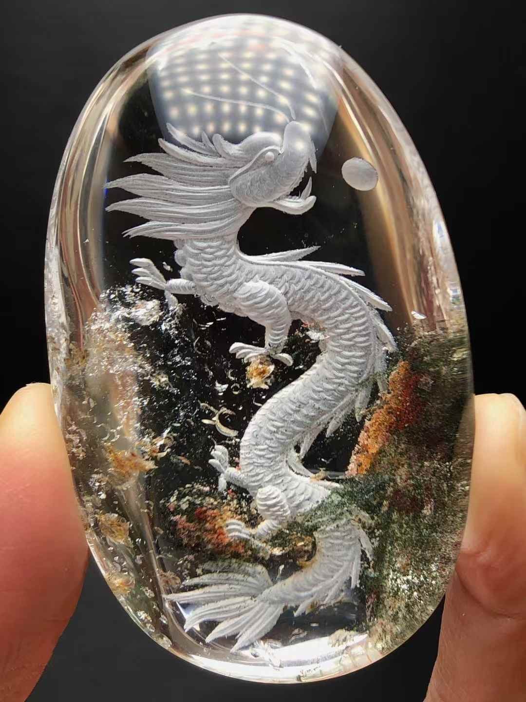 Dragon's Legacy: Phantom Quartz Crystal Pendant with Intricate Carving (Raw Stone) - GEM Spirit - CRYSTALS - Green Phantom Quartz - Pendant