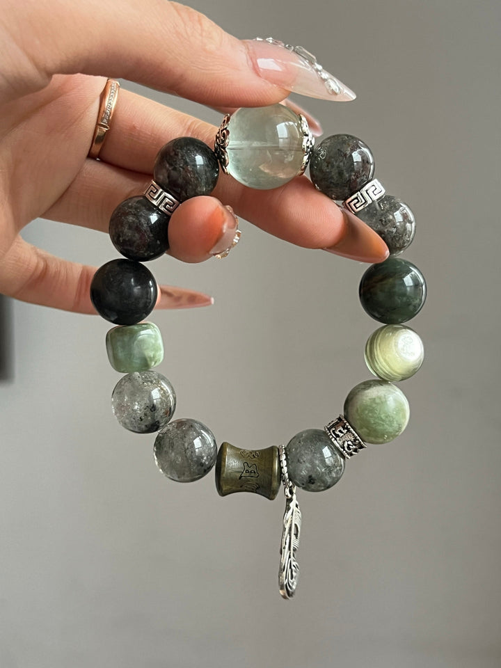 Earth Element Balance: Green Phantom & Jade Wealth Bracelet - GEM Spirit - 110114 - BRACELETS - CRYSTALS - five elements energy