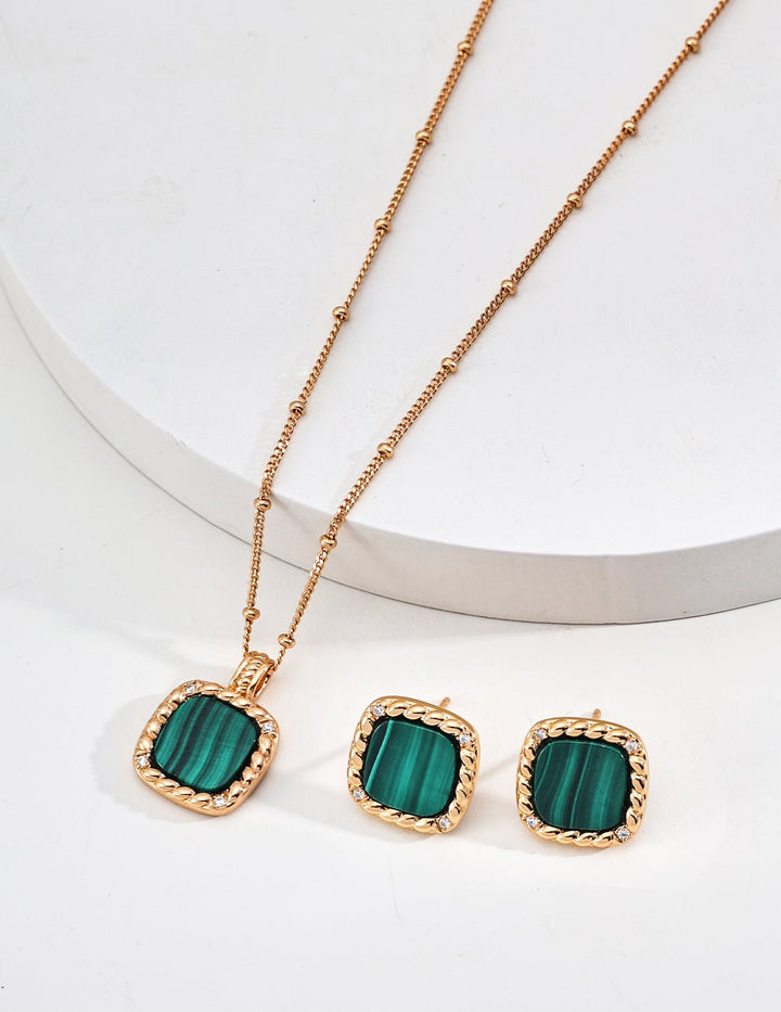 Emerald Radiance: S925 Silver Malachite Necklace & Earrings Set – Balance & Transformation - GEM Spirit - E01222 - 2 - 1 - CRYSTALS - EARRINGS - five elements energy