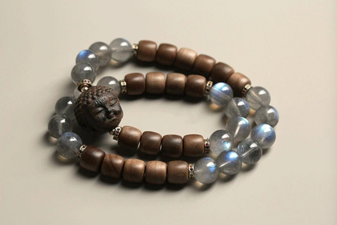 Feeling of peace | Agarwood Carved Buddha Head with Natural Grey Moonstone - GEM Spirit - DS - 01 - 1 - BRACELETS - five elements energy - Five Elements Energy - earth