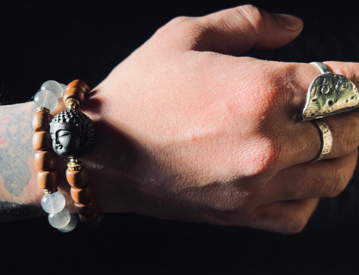 Feeling of peace | Agarwood Carved Buddha Head with Natural Grey Moonstone - GEM Spirit - DS - 01 - 1 - BRACELETS - five elements energy - Five Elements Energy - earth