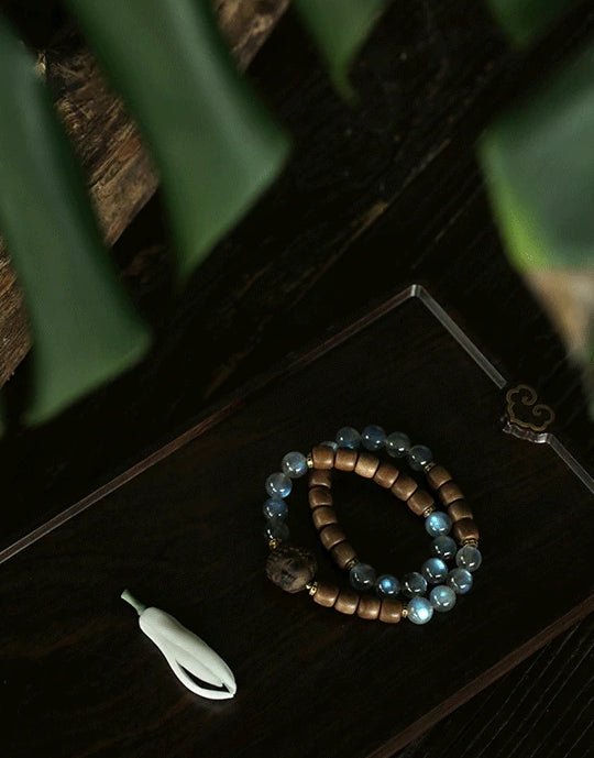 Feeling of peace | Agarwood Carved Buddha Head with Natural Grey Moonstone - GEM Spirit - DS - 01 - 1 - BRACELETS - five elements energy - Five Elements Energy - earth