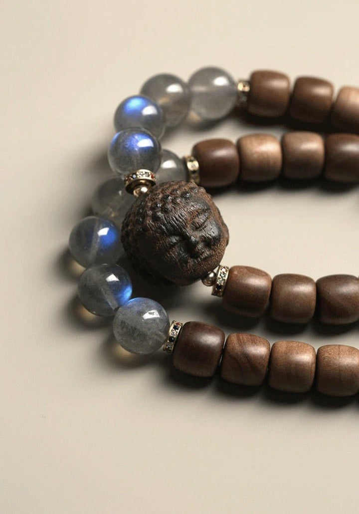 Feeling of peace | Agarwood Carved Buddha Head with Natural Grey Moonstone - GEM Spirit - DS - 01 - 1 - BRACELETS - five elements energy - Five Elements Energy - earth