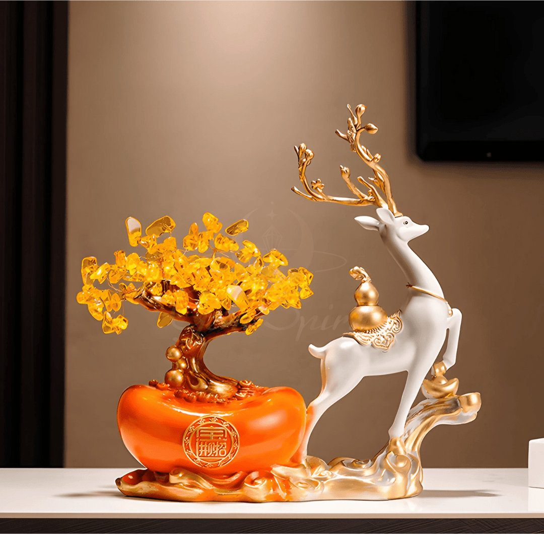 Fortune Deer with Wealth Tree Ornament – Modern Chinese Prosperity Décor - GEM Spirit - fh01 - Citrine - Crystal Tree - CRYSTALS