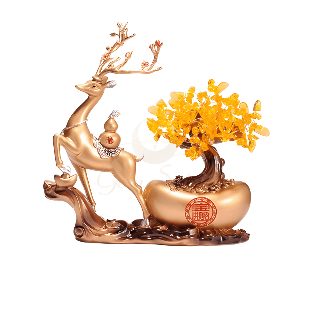 Fortune Deer with Wealth Tree Ornament – Modern Chinese Prosperity Décor - GEM Spirit - fh01 - Crystal Tree - CRYSTALS - Wealth