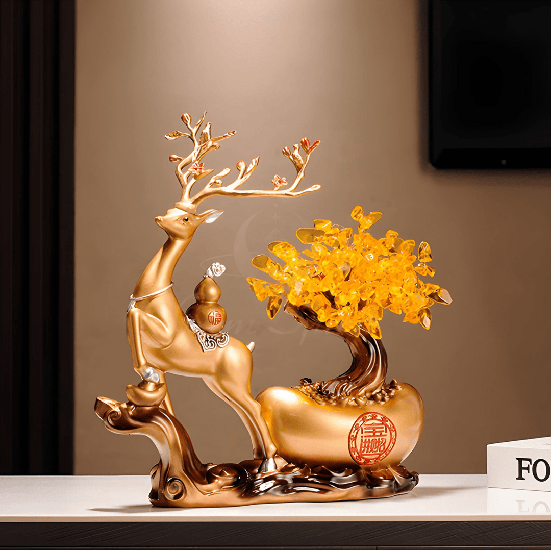 Fortune Deer with Wealth Tree Ornament – Modern Chinese Prosperity Décor - GEM Spirit - fh01 - Crystal Tree - CRYSTALS - Wealth