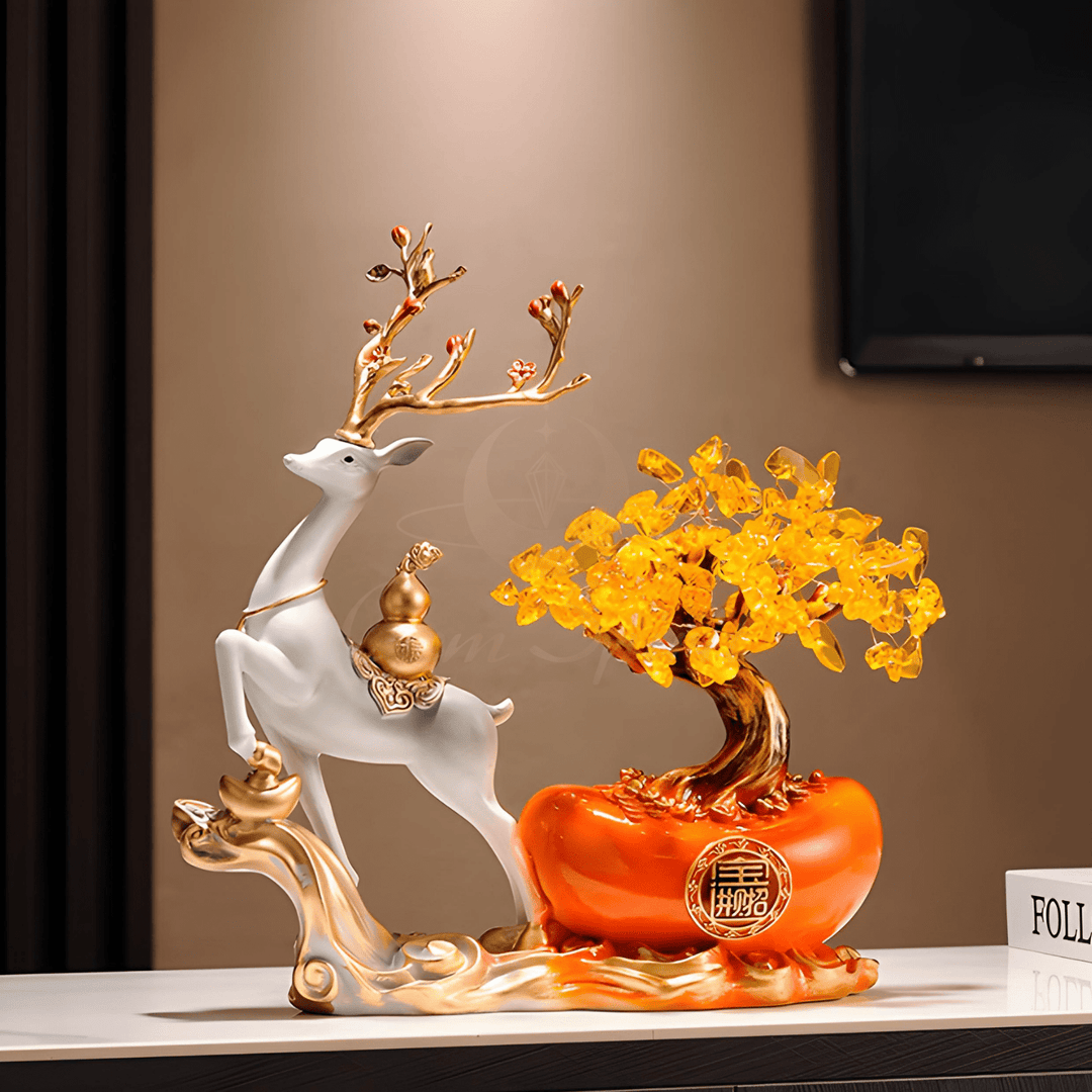 Fortune Deer with Wealth Tree Ornament – Modern Chinese Prosperity Décor - GEM Spirit - fh01 - Crystal Tree - CRYSTALS - Wealth