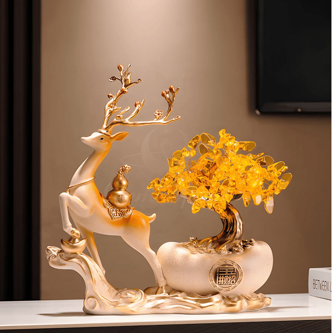 Fortune Deer with Wealth Tree Ornament – Modern Chinese Prosperity Décor - GEM Spirit - fh01 - Crystal Tree - CRYSTALS - Wealth