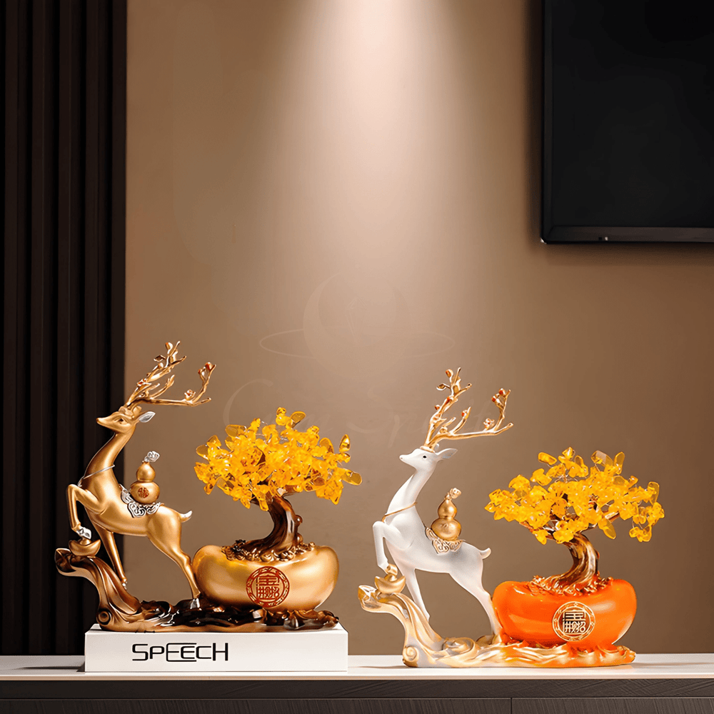 Fortune Deer with Wealth Tree Ornament – Modern Chinese Prosperity Décor - GEM Spirit - fh01 - Crystal Tree - CRYSTALS - Wealth