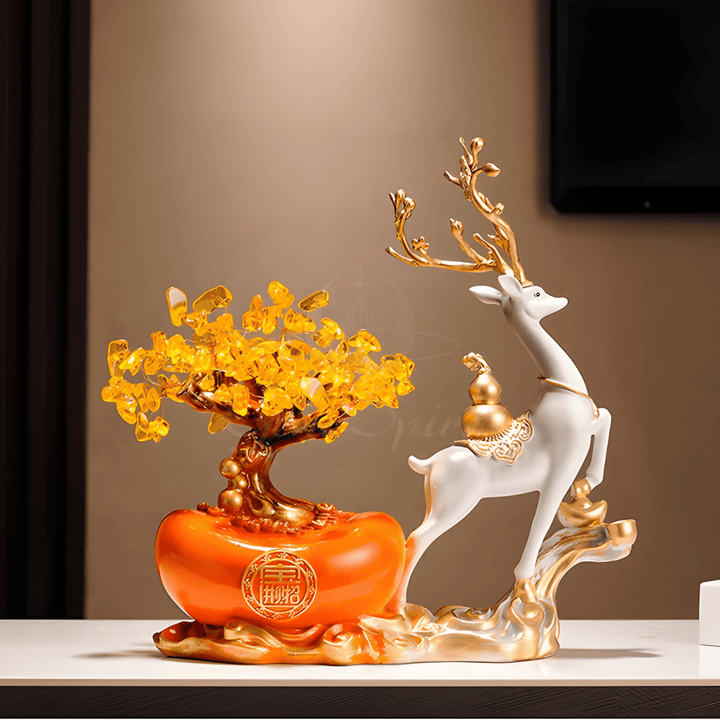 Fortune Deer with Wealth Tree Ornament – Modern Chinese Prosperity Décor - GEM Spirit - fh02 - Crystal Tree - CRYSTALS - Wealth