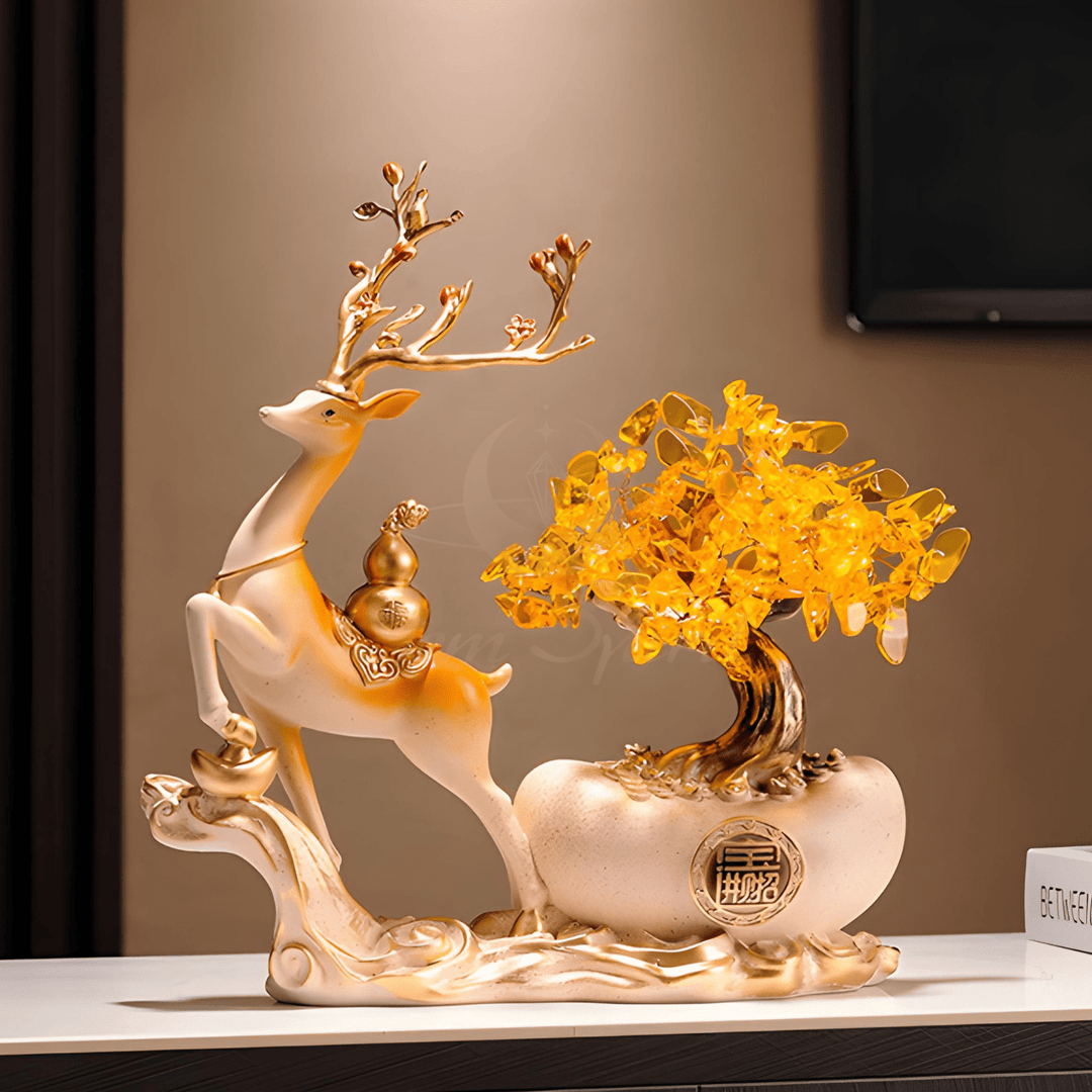 Fortune Deer with Wealth Tree Ornament – Modern Chinese Prosperity Décor - GEM Spirit - fh02 - Crystal Tree - CRYSTALS - Wealth