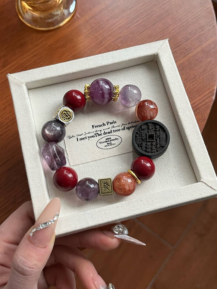 "Fortune Magnet" Wealth Bracelet – Cinnabar, Green Fluorite & Purple Lepidolite - GEM Spirit - 110031 - BRACELETS - CRYSTALS - five elements energy