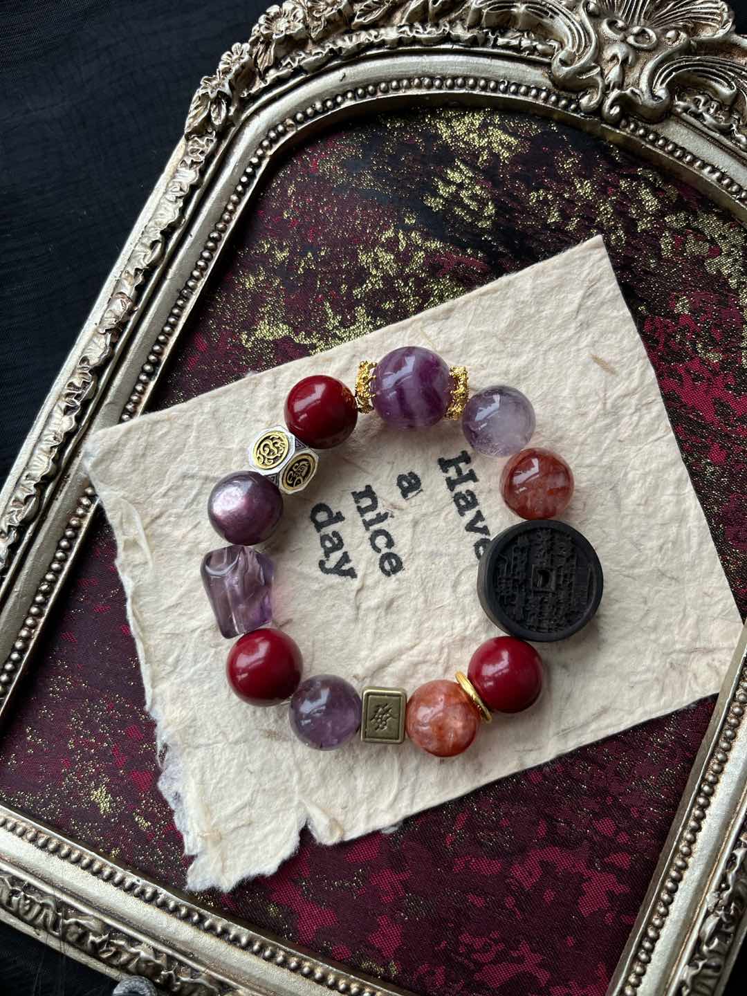 "Fortune Magnet" Wealth Bracelet – Cinnabar, Green Fluorite & Purple Lepidolite - GEM Spirit - 110031 - BRACELETS - CRYSTALS - five elements energy