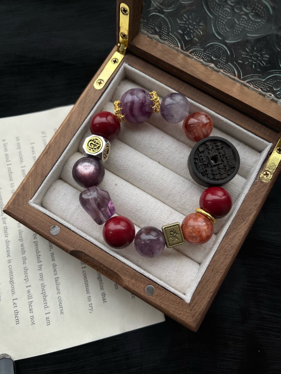 "Fortune Magnet" Wealth Bracelet – Cinnabar, Green Fluorite & Purple Lepidolite - GEM Spirit - 110031 - BRACELETS - CRYSTALS - five elements energy