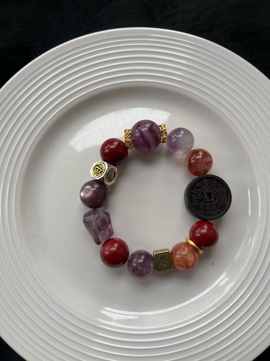 "Fortune Magnet" Wealth Bracelet – Cinnabar, Green Fluorite & Purple Lepidolite - GEM Spirit - 110031 - BRACELETS - CRYSTALS - five elements energy