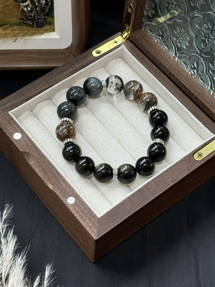 "Four Seasons Phantom Wealth Bracelet" – Golden Obsidian & Hawk’s Eye (12 - 13mm Beads) - GEM Spirit - 109443 - BRACELETS - CRYSTALS - five elements energy