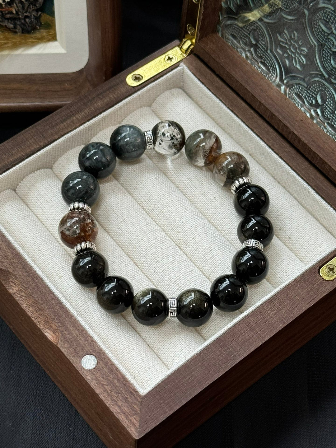 "Four Seasons Phantom Wealth Bracelet" – Golden Obsidian & Hawk’s Eye (12 - 13mm Beads) - GEM Spirit - 109443 - BRACELETS - CRYSTALS - five elements energy