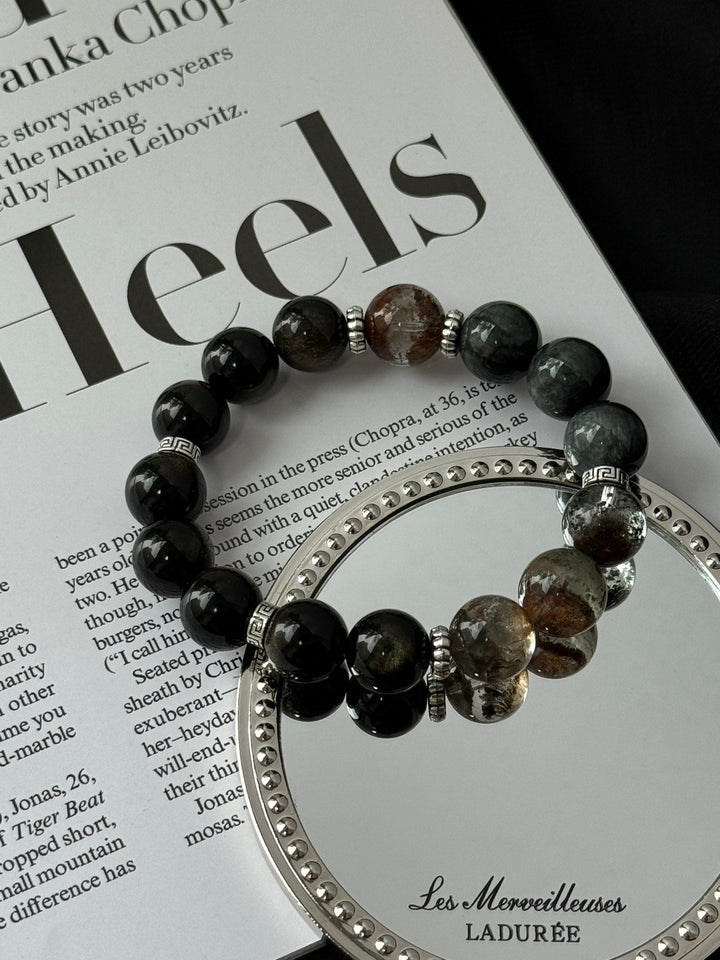 "Four Seasons Phantom Wealth Bracelet" – Golden Obsidian & Hawk’s Eye (12 - 13mm Beads) - GEM Spirit - 109443 - BRACELETS - CRYSTALS - five elements energy