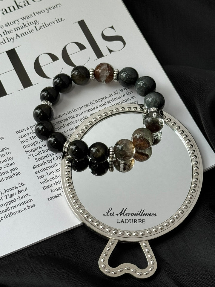 "Four Seasons Phantom Wealth Bracelet" – Golden Obsidian & Hawk’s Eye (12 - 13mm Beads) - GEM Spirit - 109443 - BRACELETS - CRYSTALS - five elements energy