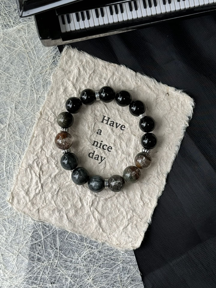 "Four Seasons Phantom Wealth Bracelet" – Golden Obsidian & Hawk’s Eye (12 - 13mm Beads) - GEM Spirit - 109443 - BRACELETS - CRYSTALS - five elements energy