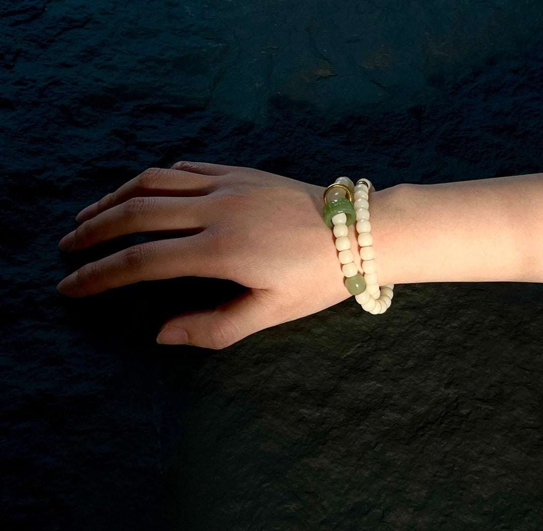 Full of Gold｜ Handcrafted Jade & Bodhi Seed Bracelet with Two Rows of Hetian Jade, Accentuated with 18k Gold Beads and a Gold Sliding Ring - GEM Spirit - BRACELETS - five elements energy - Five Elements Energy - earth