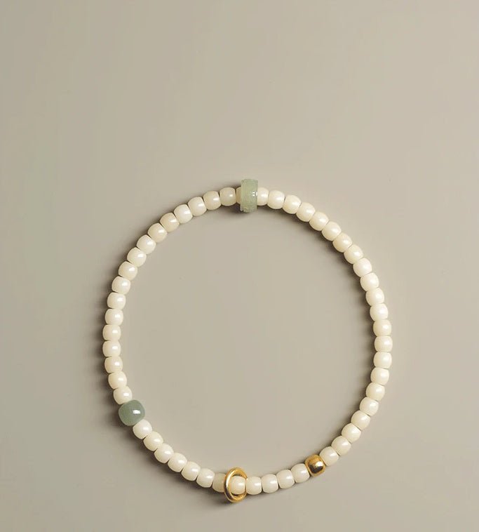 Full of Gold｜ Handcrafted Jade & Bodhi Seed Bracelet with Two Rows of Hetian Jade, Accentuated with 18k Gold Beads and a Gold Sliding Ring - GEM Spirit - BRACELETS - five elements energy - Five Elements Energy - earth