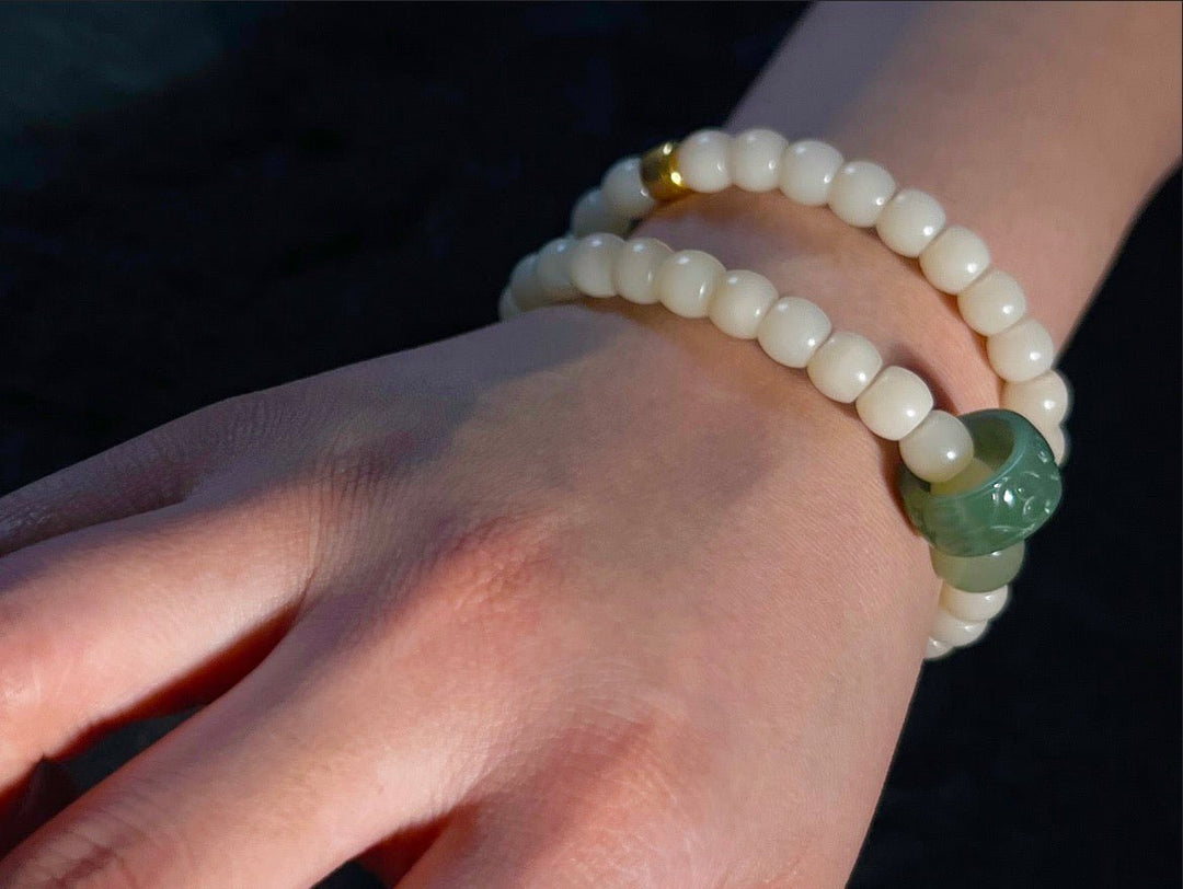 Full of Gold｜ Handcrafted Jade & Bodhi Seed Bracelet with Two Rows of Hetian Jade, Accentuated with 18k Gold Beads and a Gold Sliding Ring - GEM Spirit - BRACELETS - five elements energy - Five Elements Energy - earth