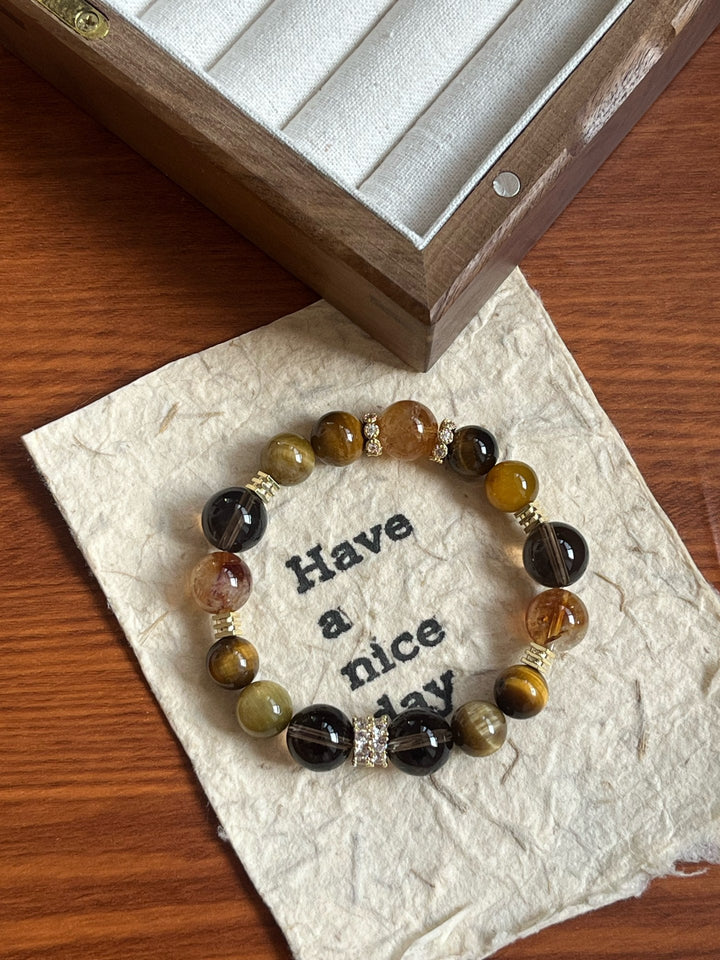 Golden Power Bracelet – Tiger’s Eye, Smoky Quartz & Citrine (10 - 12mm) - GEM Spirit - 110072 - BRACELETS - Citrine - CRYSTALS