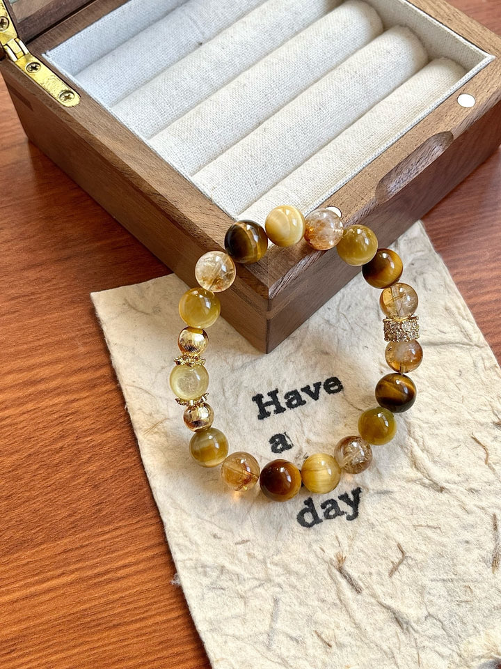 Goldstone Prosperity Bracelet – Citrine, Yellow Tourmaline & Tiger’s Eye(9 - 10mm) - GEM Spirit - 110074 - BRACELETS - Citrine - CRYSTALS