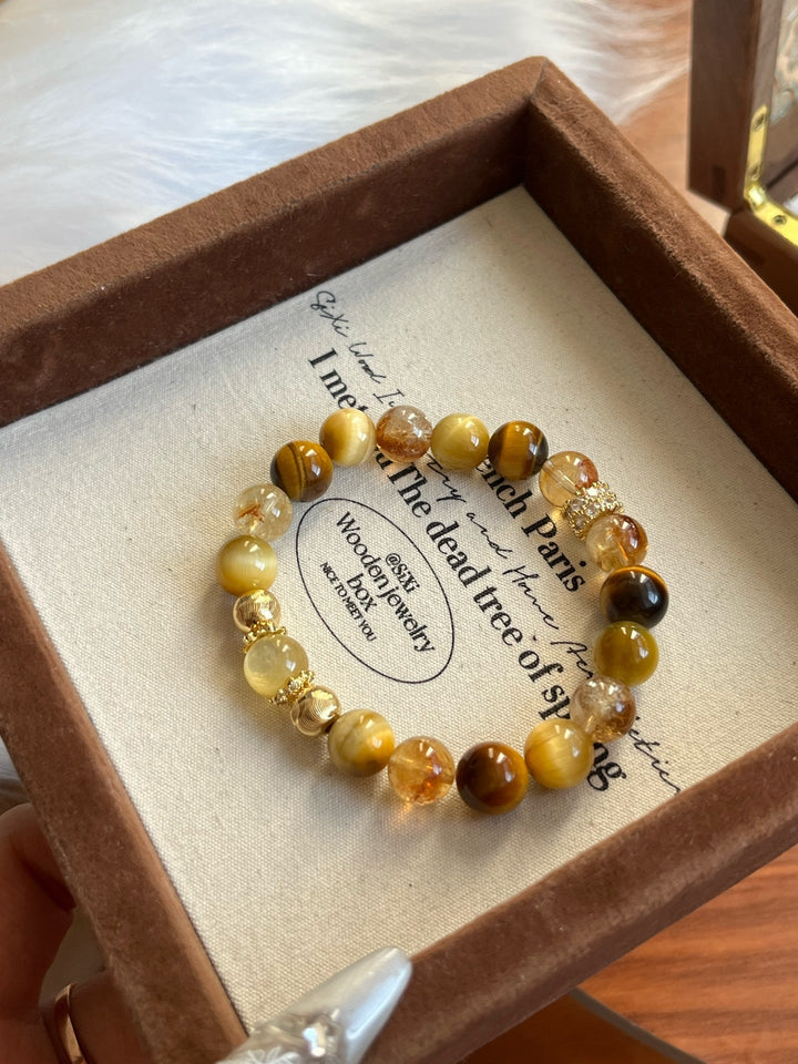 Goldstone Prosperity Bracelet – Citrine, Yellow Tourmaline & Tiger’s Eye(9 - 10mm) - GEM Spirit - 110074 - BRACELETS - Citrine - CRYSTALS