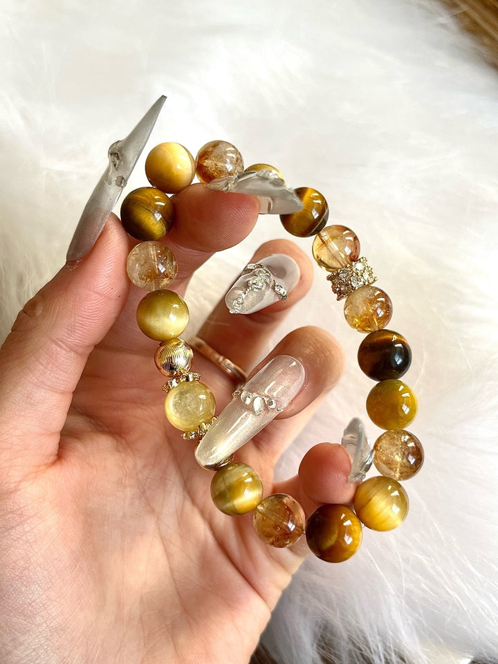 Goldstone Prosperity Bracelet – Citrine, Yellow Tourmaline & Tiger’s Eye(9 - 10mm) - GEM Spirit - 110074 - BRACELETS - Citrine - CRYSTALS