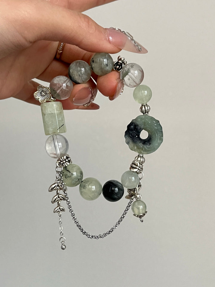 Growth & Vitality: Green Phantom & Serpentine Jade Feng Shui Bracelet - GEM Spirit - 110107 - BRACELETS - Clear Quartz - CRYSTALS