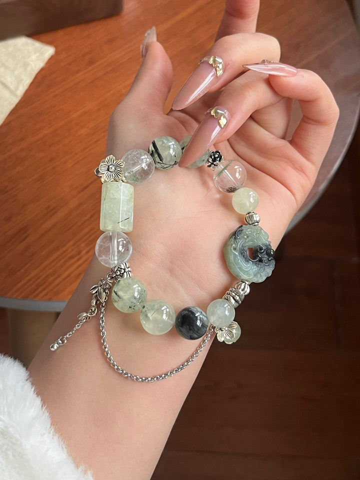 Growth & Vitality: Green Phantom & Serpentine Jade Feng Shui Bracelet - GEM Spirit - 110107 - BRACELETS - Clear Quartz - CRYSTALS