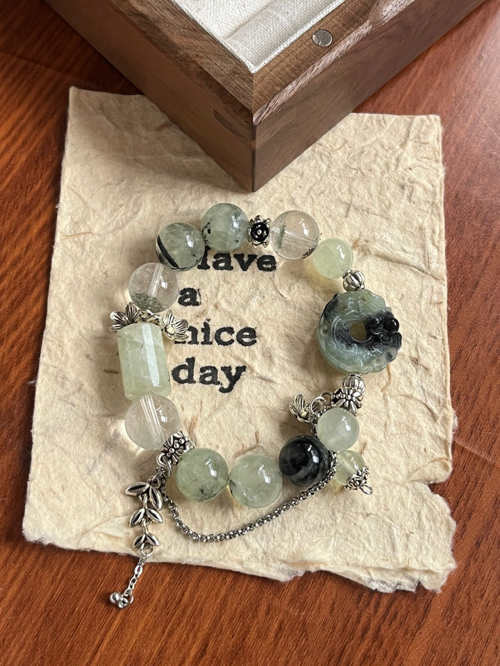 Growth & Vitality: Green Phantom & Serpentine Jade Feng Shui Bracelet - GEM Spirit - 110107 - BRACELETS - Clear Quartz - CRYSTALS