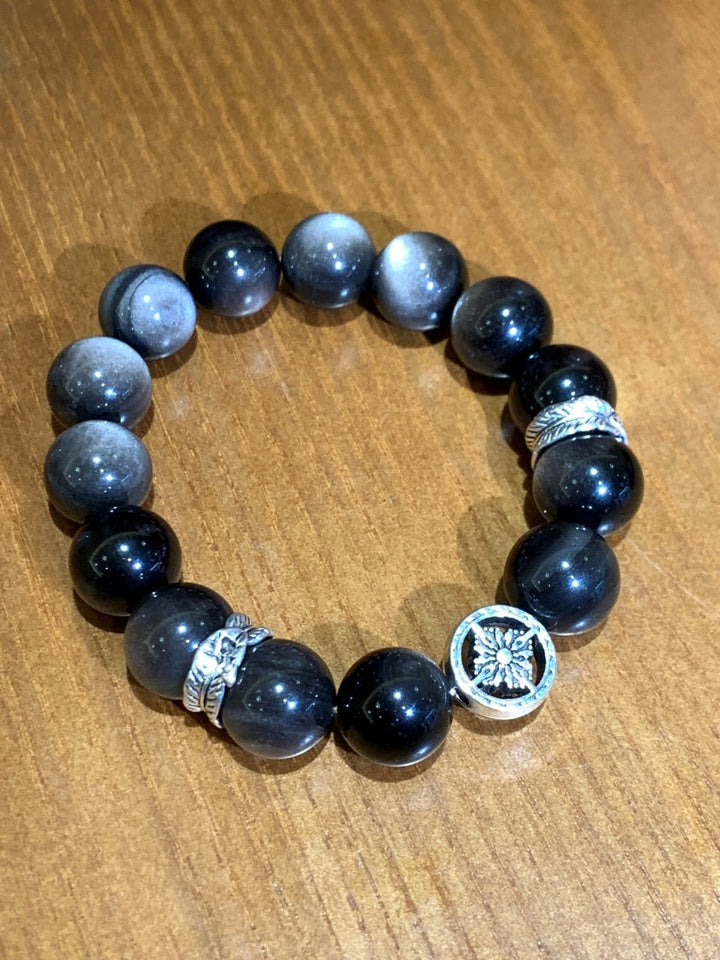 "Guardian Shield" Bracelet – 12mm Silver Obsidian for Protection & Strength - GEM Spirit - 110049 - BRACELETS - CRYSTALS - five elements energy