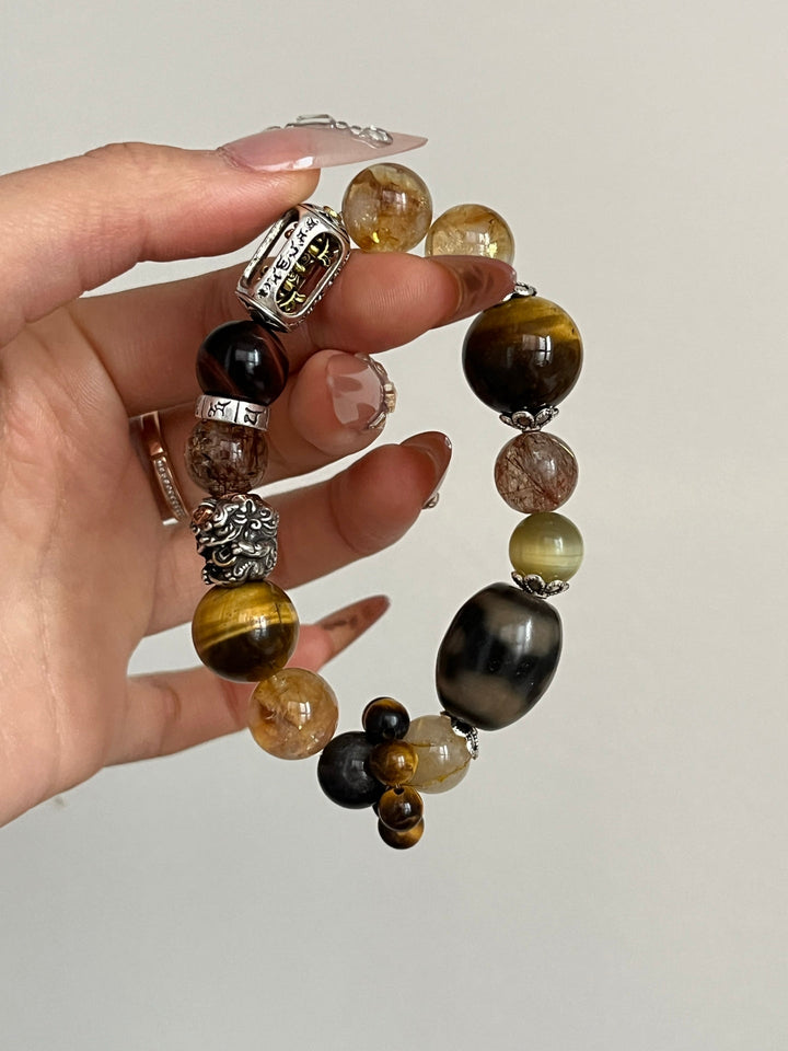 "Limitless Fortune" Wealth Bracelet – Golden Tower Quartz, Tiger’s Eye & Rutilated Quartz - GEM Spirit - 110096 - black gold obsidian - BRACELETS - CRYSTALS