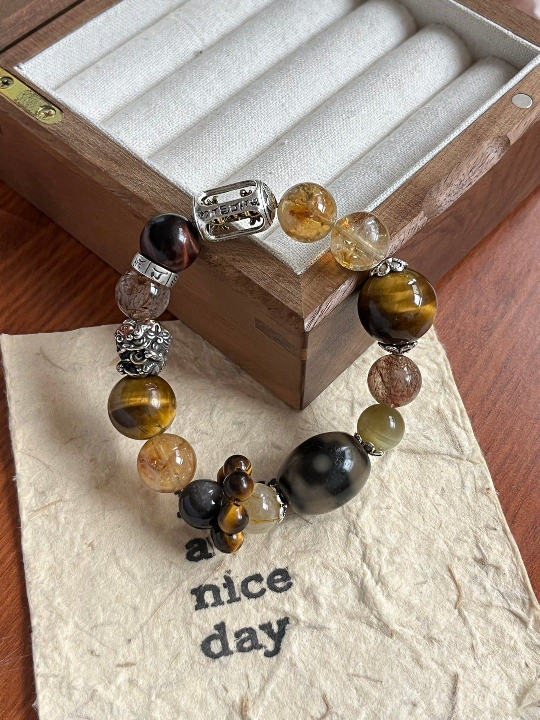 "Limitless Fortune" Wealth Bracelet – Golden Tower Quartz, Tiger’s Eye & Rutilated Quartz - GEM Spirit - 110096 - black gold obsidian - BRACELETS - CRYSTALS