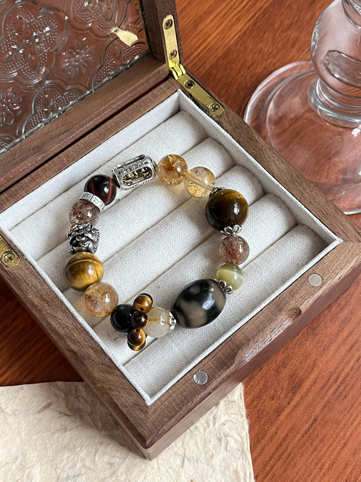 "Limitless Fortune" Wealth Bracelet – Golden Tower Quartz, Tiger’s Eye & Rutilated Quartz - GEM Spirit - 110096 - black gold obsidian - BRACELETS - CRYSTALS