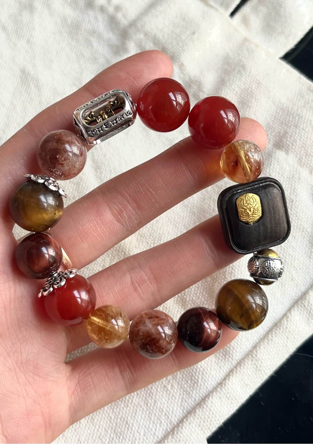 "Path to Prosperity" Bracelet – Red Agate, Black Gold Super Quartz, Tiger’s Eye & Golden Tower Quartz (12 - 14mm) - GEM Spirit - 110028 - Black Gold Super Quartz - BRACELETS - CRYSTALS