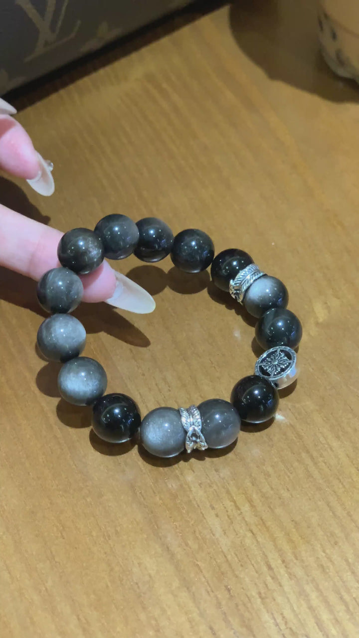 "Guardian Shield" Bracelet – 12mm Silver Obsidian for Protection & Strength