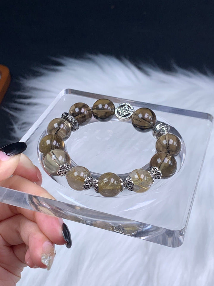 Supreme Wealth & Protection" Bracelet – 5A Smoky Quartz & Golden Rutilated Quartz (12mm) - GEM Spirit - 110051 - BRACELETS - CRYSTALS - five elements energy