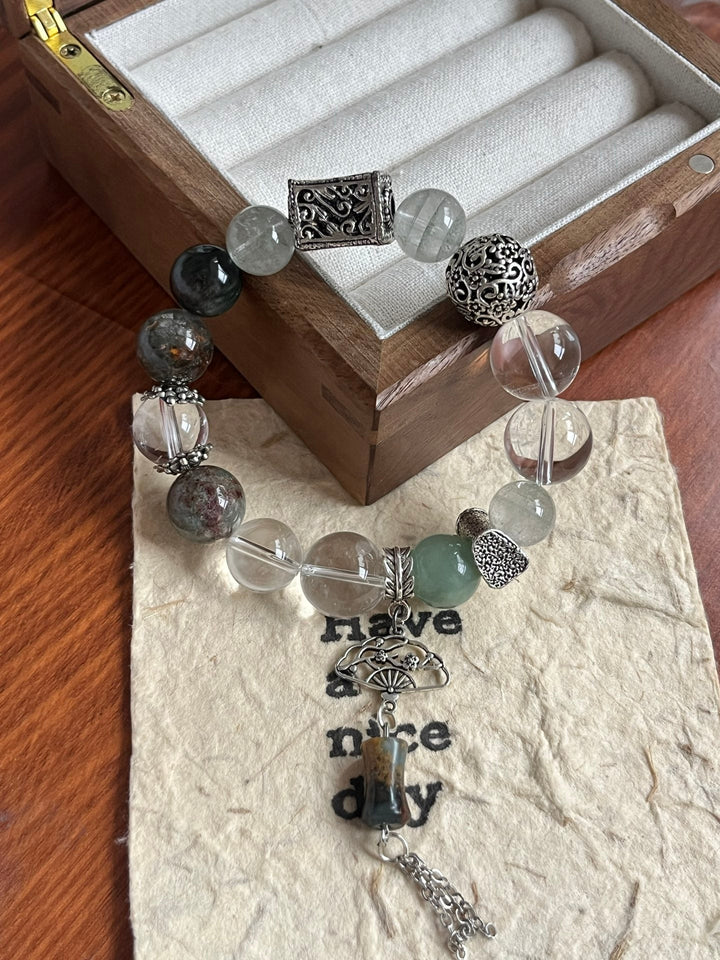 【Water & Earth Energy】White Quartz & Green Phantom Healing Bracelet - GEM Spirit - 110113 - and Actinolite - BRACELETS - CRYSTALS